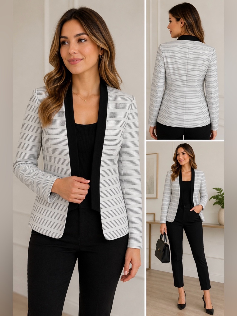 Black Label by Evan-Picone White Black Striped Open Front Blazer Size 4